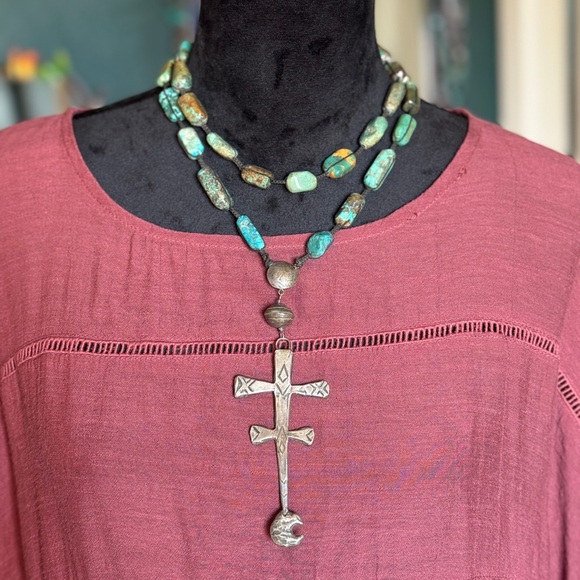 Love Tokens Jewelry Sterling & Turquoise Beaded Isleta Cross Necklace - Picture 2 of 6